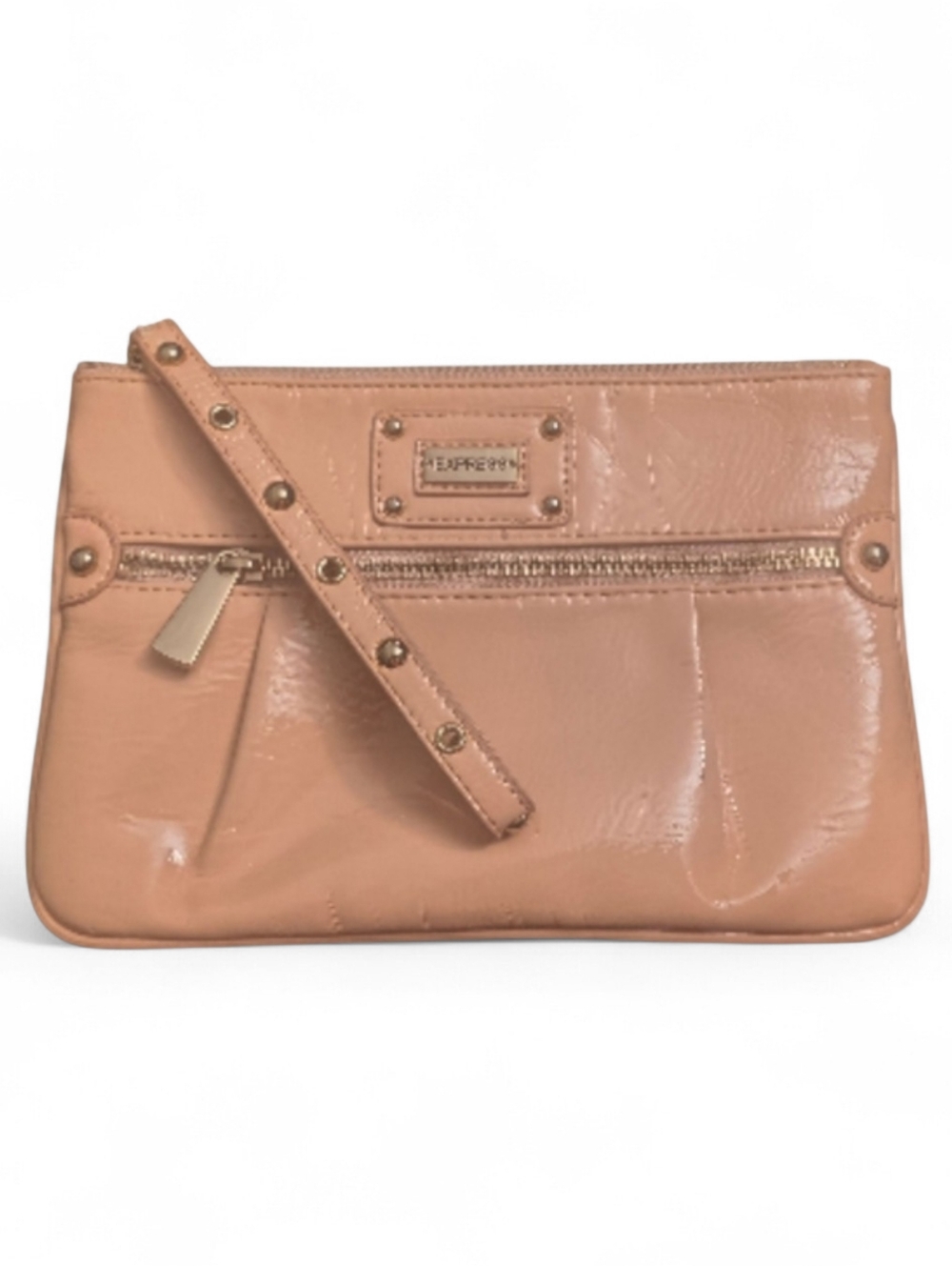 Express Tan Patent Leather Wristlet Clutch Zip Pouch Studded Strap Handbag